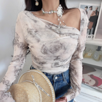 Sexy cross stitching oblique collar long sleeve printed casual T-shirt - Thumbnail 6