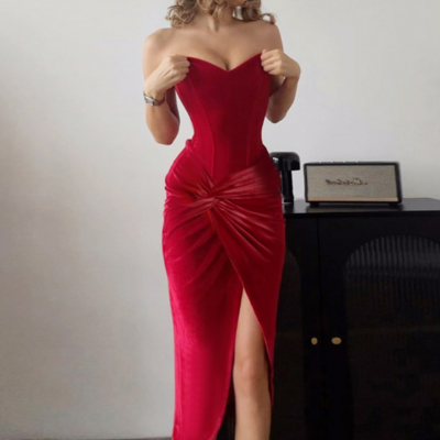 Temperament sexy slim-fitting herringbone velvet dress - Thumbnail 3