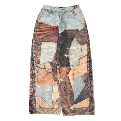 Baggy denim with patchwork design print  - Thumbnail 1