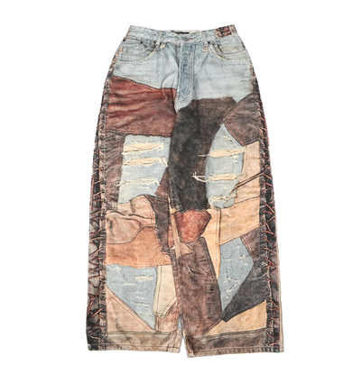 BAGGY DENIM WITH PATCHWORK DESIGN PRINT 