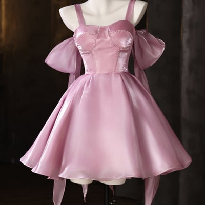 Lovely pink tulle short a-line prom evening dress - Thumbnail 1