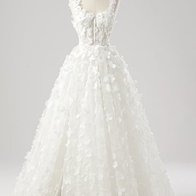 White tulle applique long a-line prom party dress - Thumbnail 1