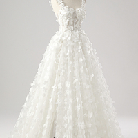 White Tulle Applique Long A-Line Prom Party Dress - Thumbnail 1