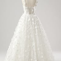 White Tulle Applique Long A-Line Prom Party Dress - Thumbnail 2