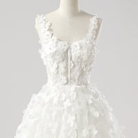 White Tulle Applique Long A-Line Prom Party Dress - Thumbnail 3