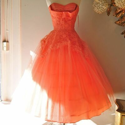 1950s vintage coral tulle prom dress evening formal gown brithday party dress