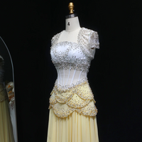 Chiffon Corset Celebrity Evening Dress with Jacket Flare Sleeves - Thumbnail 9
