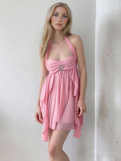 Sexy tube-neck halter dress with metal embellishments