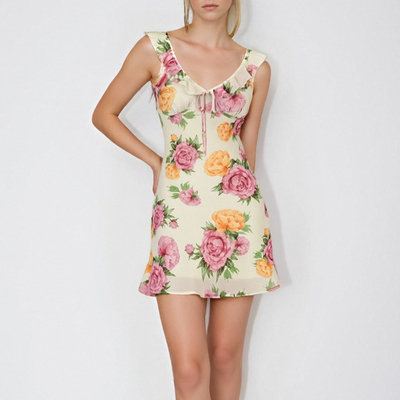 Floral contrast color small fresh v-neck lace mesh splicing flying sleeve dress
