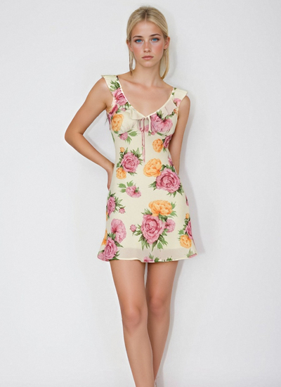 Floral contrast color small fresh V-neck lace mesh splicing flying sleeve dress