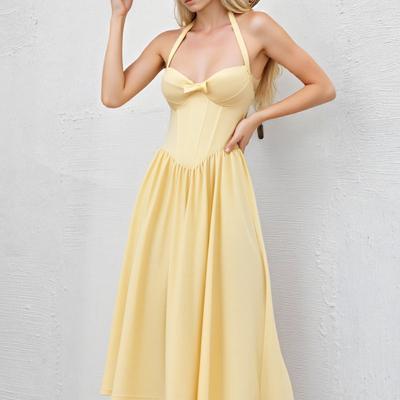 Halter neck butterfly end waist revealing chest a-line dress