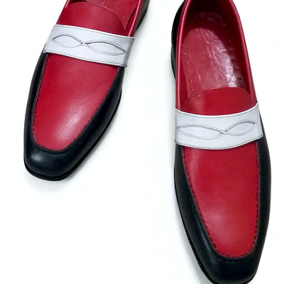 Crafted leather classic men tri tone leather black white and red leather moccasin loafers dress shoes - Thumbnail 2