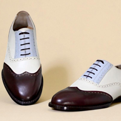 Crafted leather classic tri tone leather brown blue and white wingtip oxford dress shoes - Thumbnail 1