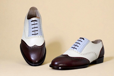 Crafted Leather Classic Tri Tone Leather Brown Blue and White Wingtip Oxford Dress Shoes