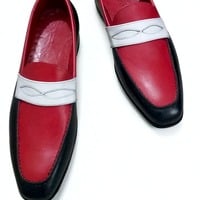 Crafted Leather Classic Men Tri Tone Leather Black White and Red Leather Moccasin Loafers Dress Shoes - Thumbnail 1