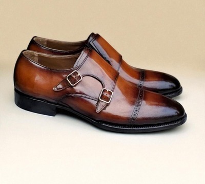 Crafted Leather Classic Brown Patina Leather Double Monk Strap Dress Shoes