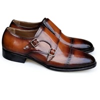 Crafted Leather Classic Brown Patina Leather Double Monk Strap Dress Shoes - Thumbnail 2
