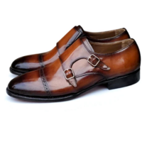 Crafted Leather Classic Brown Patina Leather Double Monk Strap Dress Shoes - Thumbnail 3