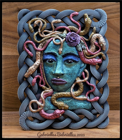 Medusa portrait polymer clay relief framed sculpture 
