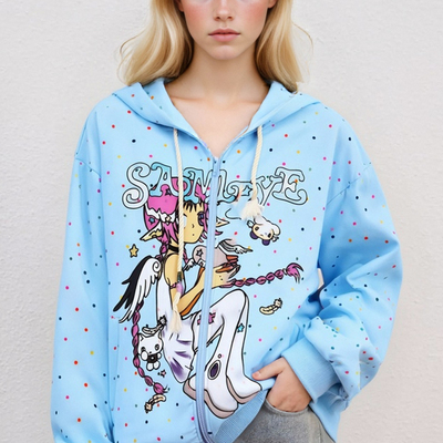 Sweet and youthful cartoon girl print hooded sweatshirt - Thumbnail 5