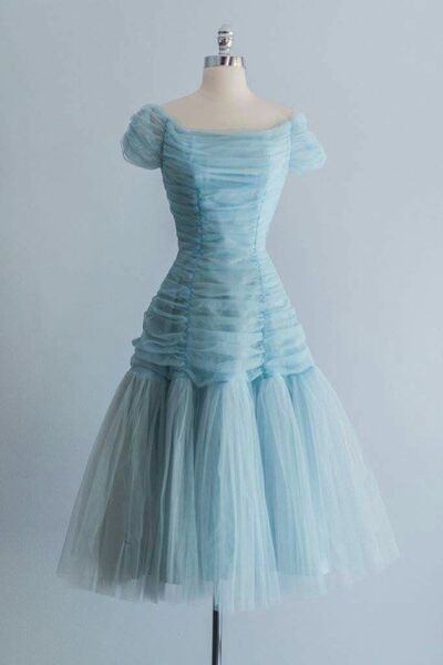 1950s Vintage Blue Tulle Prom Dress Evening Formal Gown Brithday Party Dress