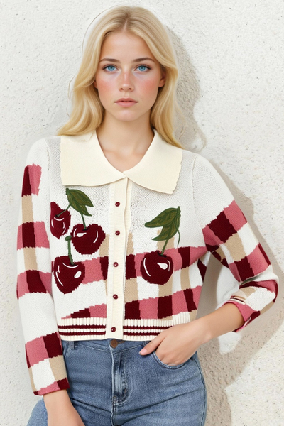 Vintage Embroidered Cherry POLO Collar Button Cardigan Cropped Sweater Knitwear