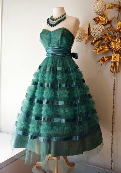 1950s Vintage Green Tulle Prom Dress Evening Formal Gown Brithday Party Dress