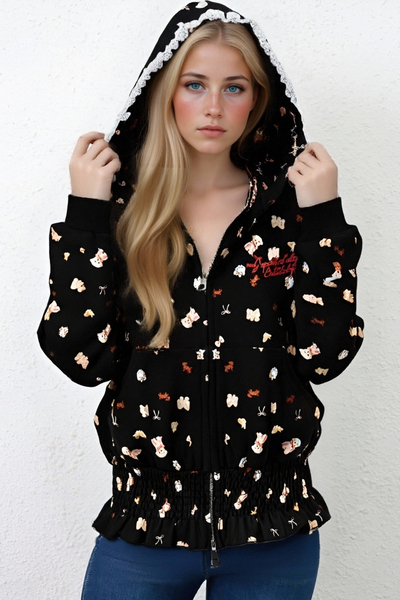 Sweet all-over printed puppy hooded sweatshirt cardigan jacket