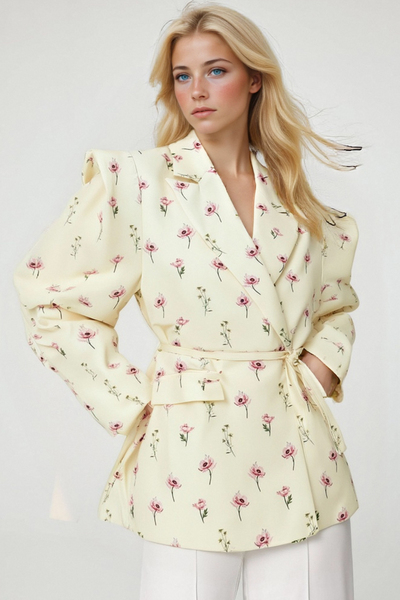 Fashionable design waist tie wide shoulder suit jacket