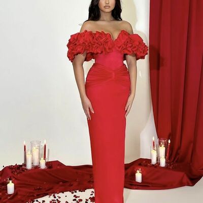Red sheath off the shoulder prom dress evening formal gown brithday party dress - Thumbnail 2