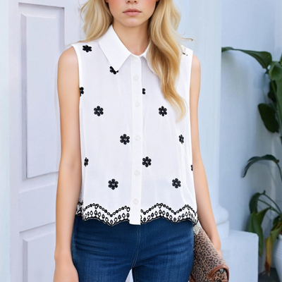 Fashionable casual sleeveless lapel short embroidered shirt - Thumbnail 2