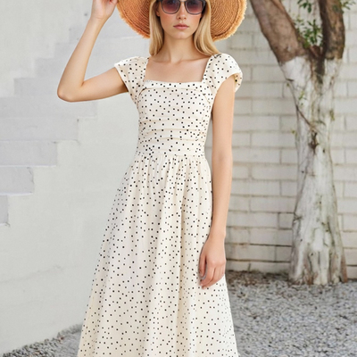 Square-neck polka-dot slip dress with small flying sleeves - Thumbnail 3
