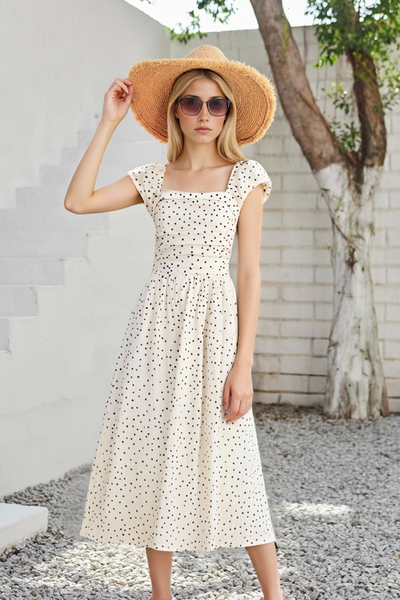Square-neck polka-dot slip dress with small flying sleeves