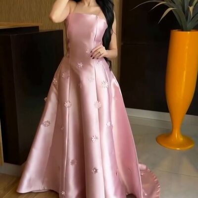 Pink a line 3d handmamde flower satin prom dress evening formal gown brithday party dress - Thumbnail 1