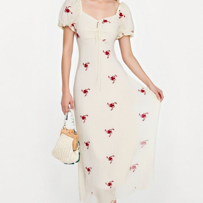 Romantic printed design a-line maxi dress holiday style slim fit dress - Thumbnail 2