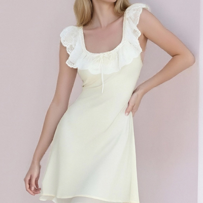 Square neck collarbone exposed ruffled lace patchwork waist dress - Thumbnail 3