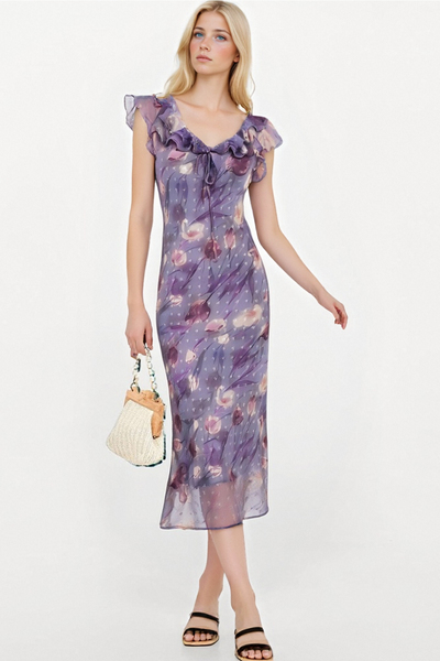 Summer holiday casual purple printed ruffle dress