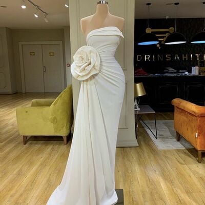 White sheath 3d handmade flower floral prom dress evening formal gown brithday party dress