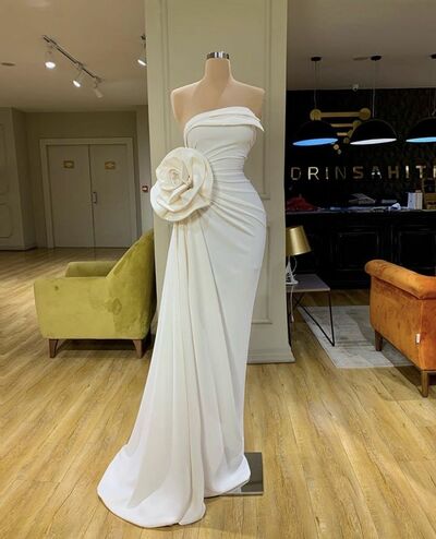 White Sheath 3D Handmade Flower Floral Prom Dress Evening Formal Gown Brithday Party Dress