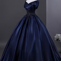 Navy Satin Beads Long Prom Evening Dress - Thumbnail 1