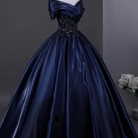 Navy Satin Beads Long Prom Evening Dress - Thumbnail 2