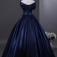 Navy Satin Beads Long Prom Evening Dress - Thumbnail 3