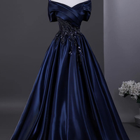Navy Satin Beads Long Prom Evening Dress - Thumbnail 4