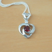BOXED GIFT/Sterling Silver Heart & Cz Pendant & Chain/Garnet Necklace/Garnet Jewellery/Garnet Jewelry/UK - Thumbnail 1