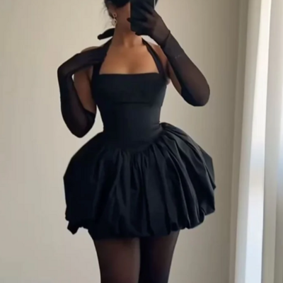 Halter a line black birthday outfit short evening dresses