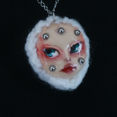 Handmade crochet doll face necklace (unique)