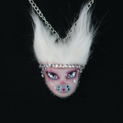 Handmade fluffy hybrid doll face baby necklace (unique) - Thumbnail 1