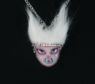 Handmade fluffy hybrid doll face baby necklace (unique)