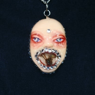 Handmade doll face necklace with real wasp in mouth necklace (unique)