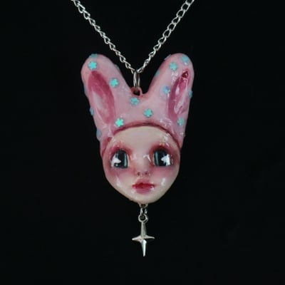 Handmade sprinkle bunny doll face necklace (unique)